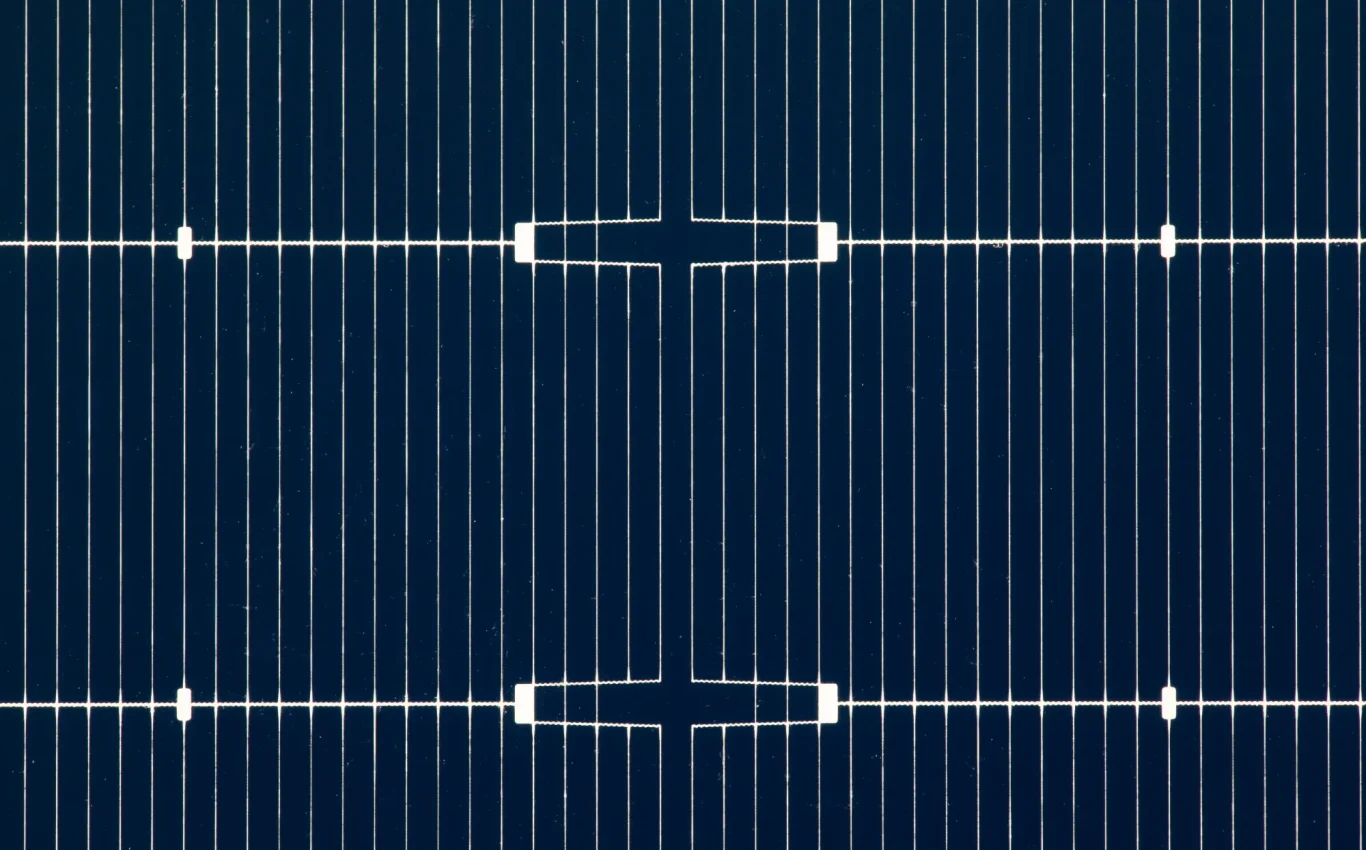 Solar Cell Close-up of the front of a solar cell with fingers and busbars made of silver.